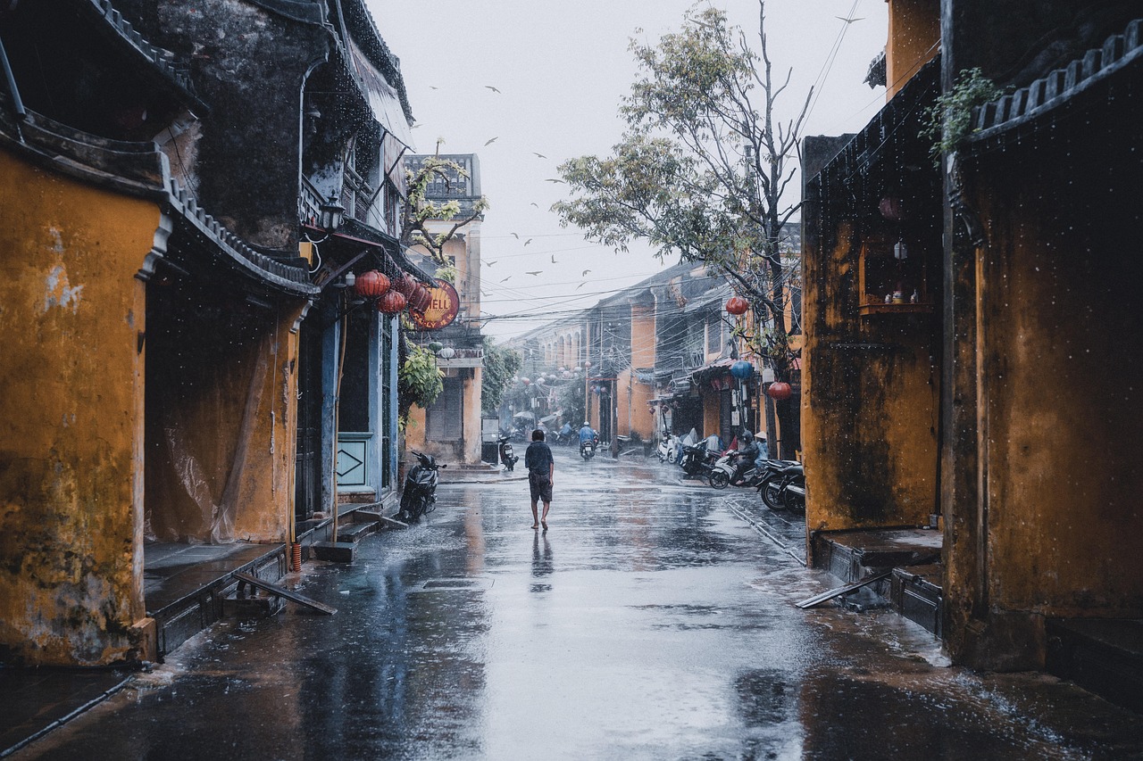 Rainy season scooter riding techniques Phuket hills and curves 2 person, road, street, buildings, rain, rainy, urban, walk, lonely, city, nature, hoi an, vietnam