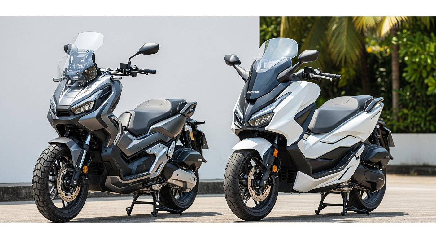 Honda ADV 350 vs Forza 350 — Phuket Rental Guide 2026 3 Honda ADV 350 and Honda Forza 350 parked side by side at a Phuket rental shop