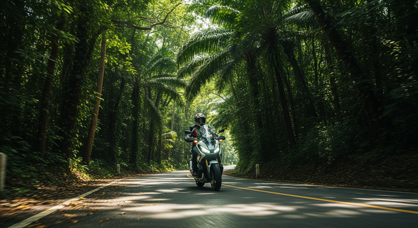 Honda ADV 350 vs Forza 350 — Phuket Rental Guide 2026 4 Honda ADV 350 navigating a winding mountain road in Phuket jungle