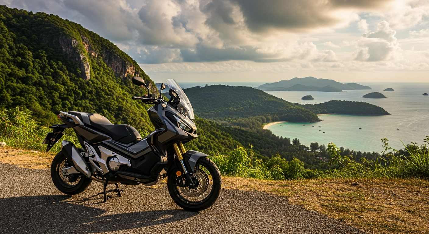 Honda ADV 350 parked at a scenic Phuket mountain viewpoint with sea view