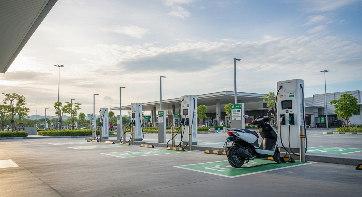 Electric Scooter Rental Phuket 2026 — What's Available, Honest Pros & Cons 2 Electric vehicle charging station at a Phuket shopping mall or petrol station