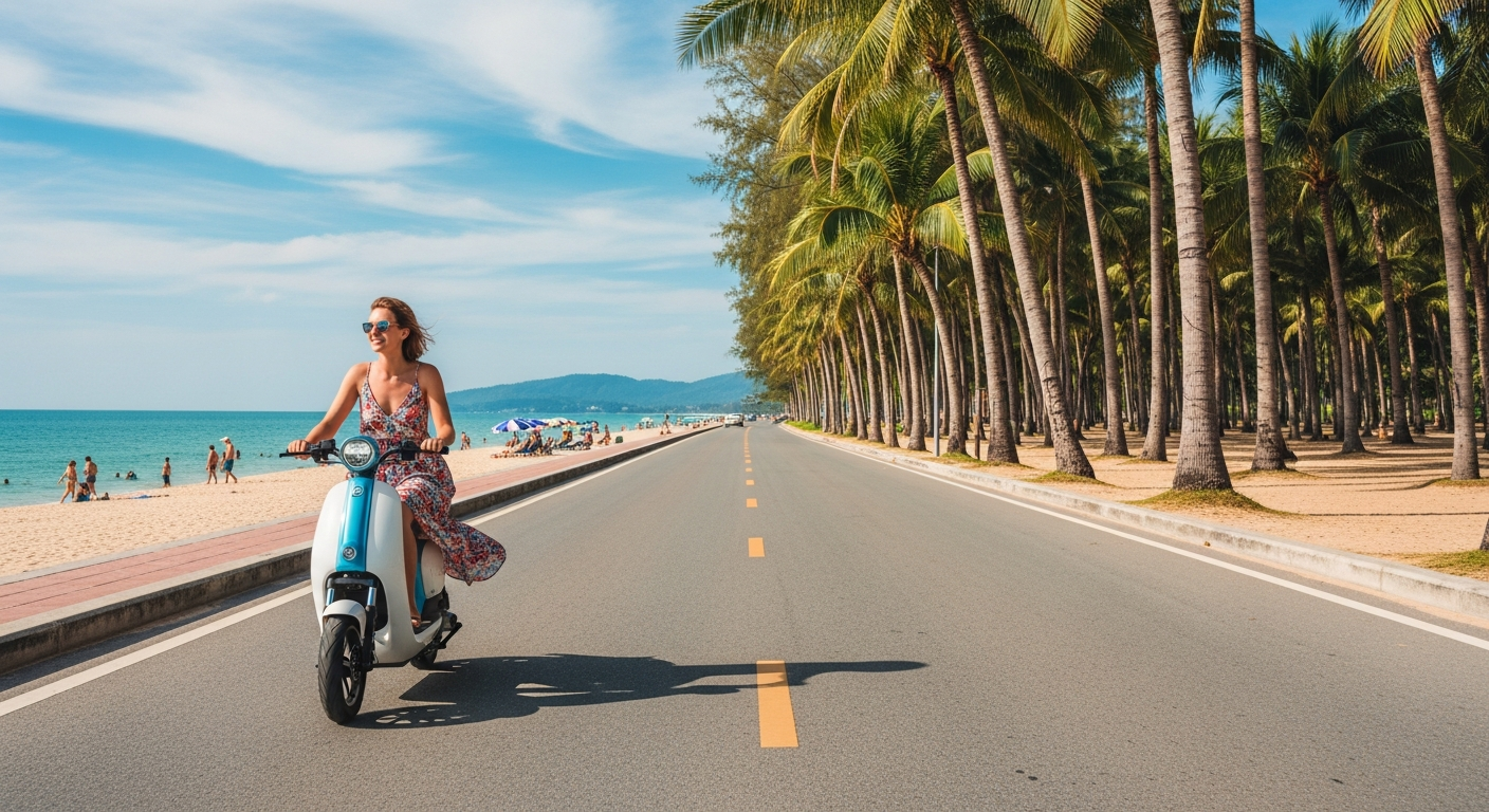 Electric Scooter Rental Phuket 2026 — What's Available, Honest Pros & Cons 4 Rider on an electric scooter along the Patong beachfront road in Phuket