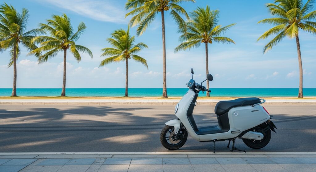Electric Scooter Rental Phuket 2026 — What's Available, Honest Pros & Cons 13 Modern electric scooter parked on a Phuket beachfront road with sea in background