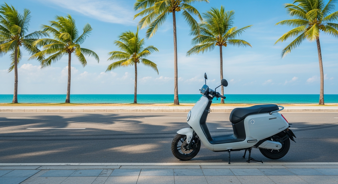 Modern electric scooter parked on a Phuket beachfront road with sea in background
