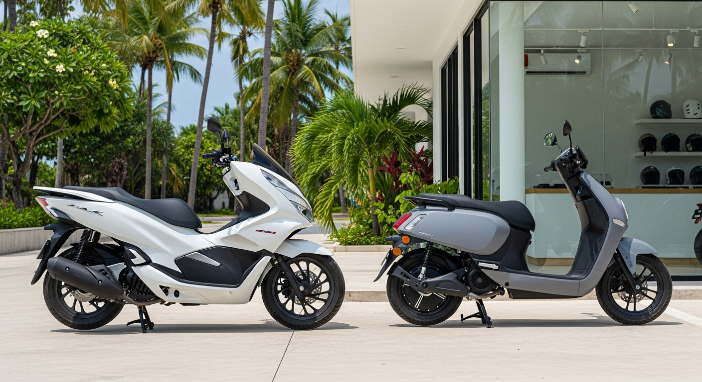 Electric Scooter Rental Phuket 2026 — What's Available, Honest Pros & Cons 3 Side by side comparison of a Honda PCX petrol scooter and an electric scooter in Phuket