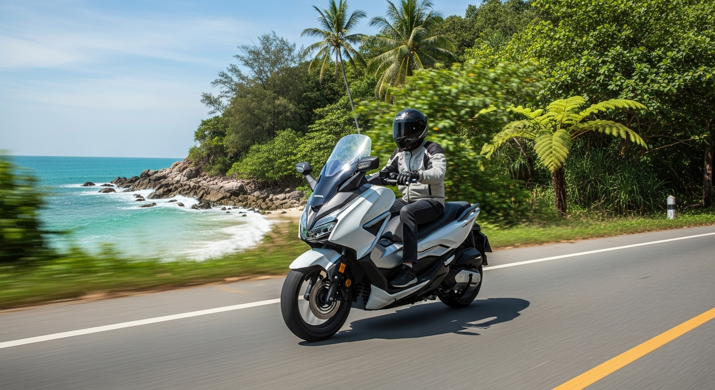 Honda ADV 350 vs Forza 350 — Phuket Rental Guide 2026 2 Honda Forza 350 on a smooth Phuket coastal road near Kamala Beach