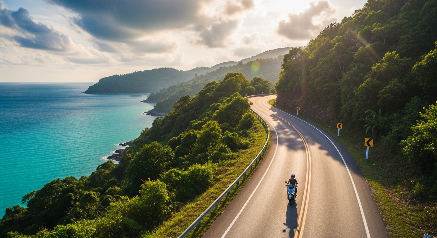 International Driving Licence for Phuket Motorbike Rental — Complete 2026 Guide 4 Scooter rider on a scenic Phuket coastal road with Andaman Sea view