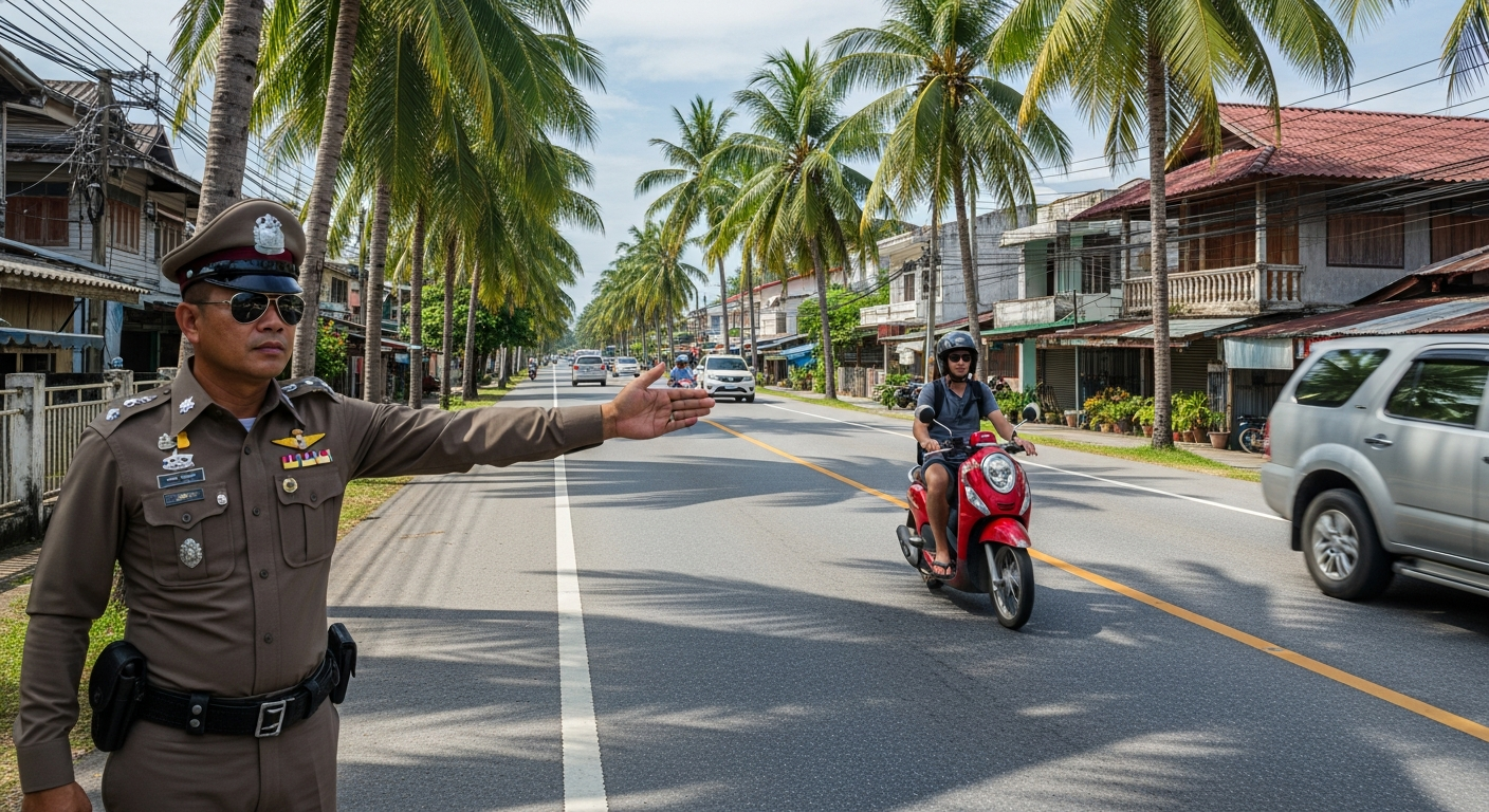 International Driving Licence for Phuket Motorbike Rental — Complete 2026 Guide 3 Thai police officer at a motorbike checkpoint on a sunny Phuket road