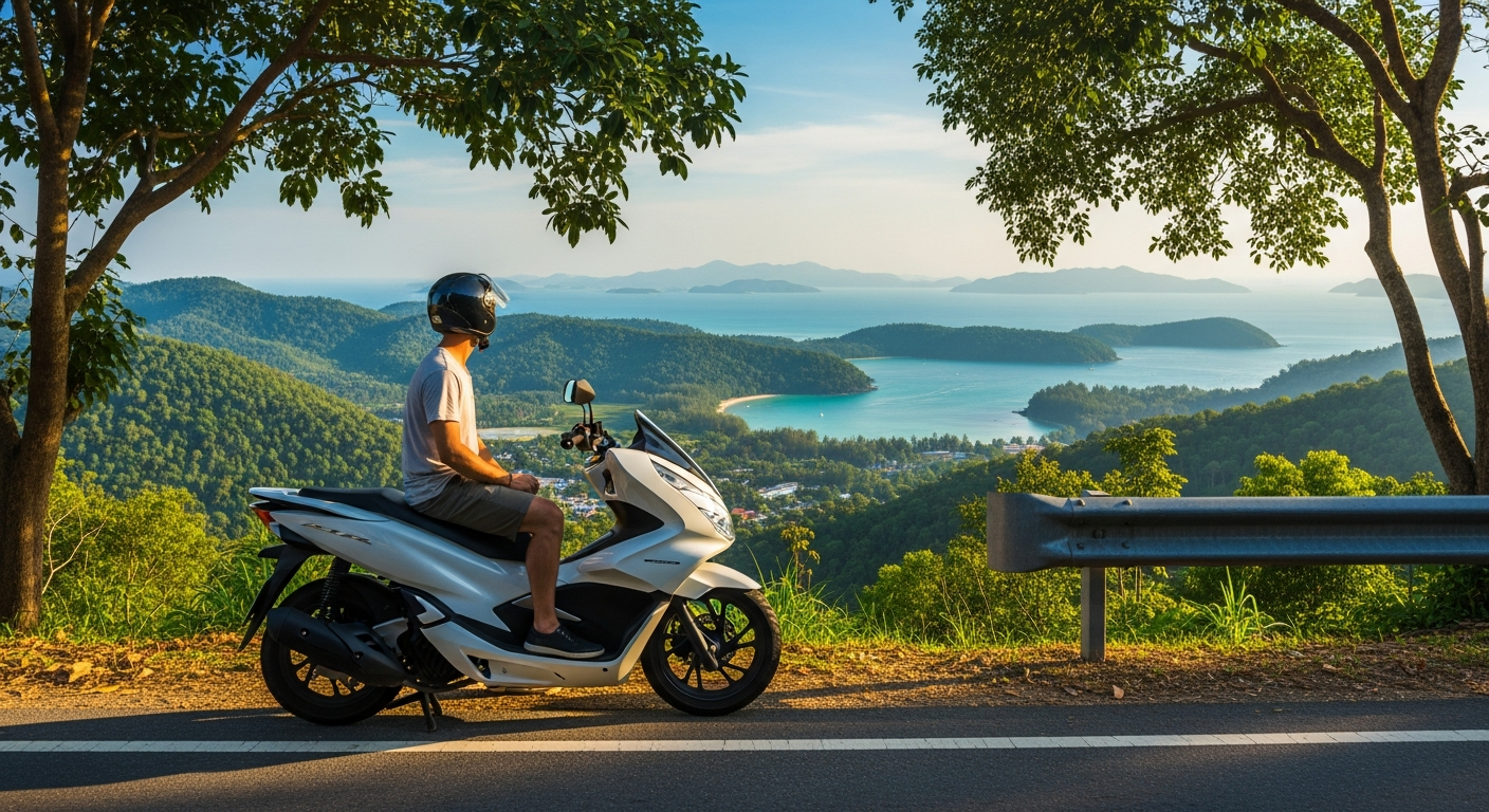 Tourist on a white Honda scooter at Phuket hilltop viewpoint overlooking the blue Andaman Sea
