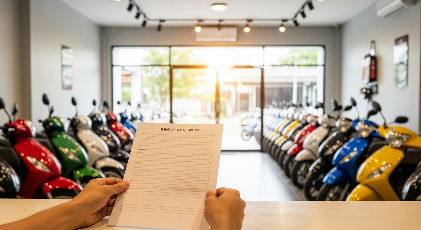 Motorbike Rental Insurance Phuket — What's Actually Covered (2026 Guide) 4 Rental agreement and insurance document being reviewed at a Phuket motorbike rental shop