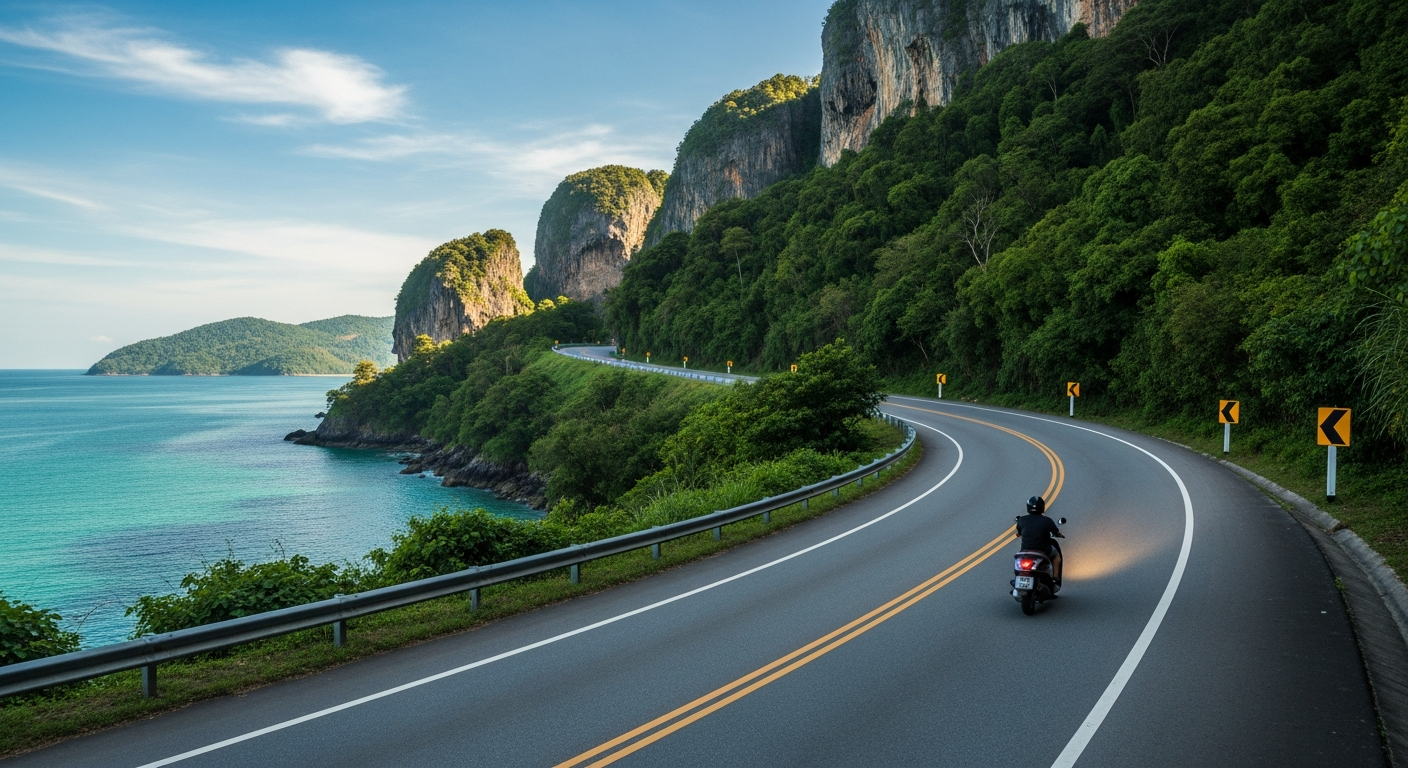 Motorbike Rental Kamala Beach Phuket — Hotel Delivery, Rates & Local Guide 2026 2 Coastal road between Kamala Beach and Surin Beach Phuket with sea views