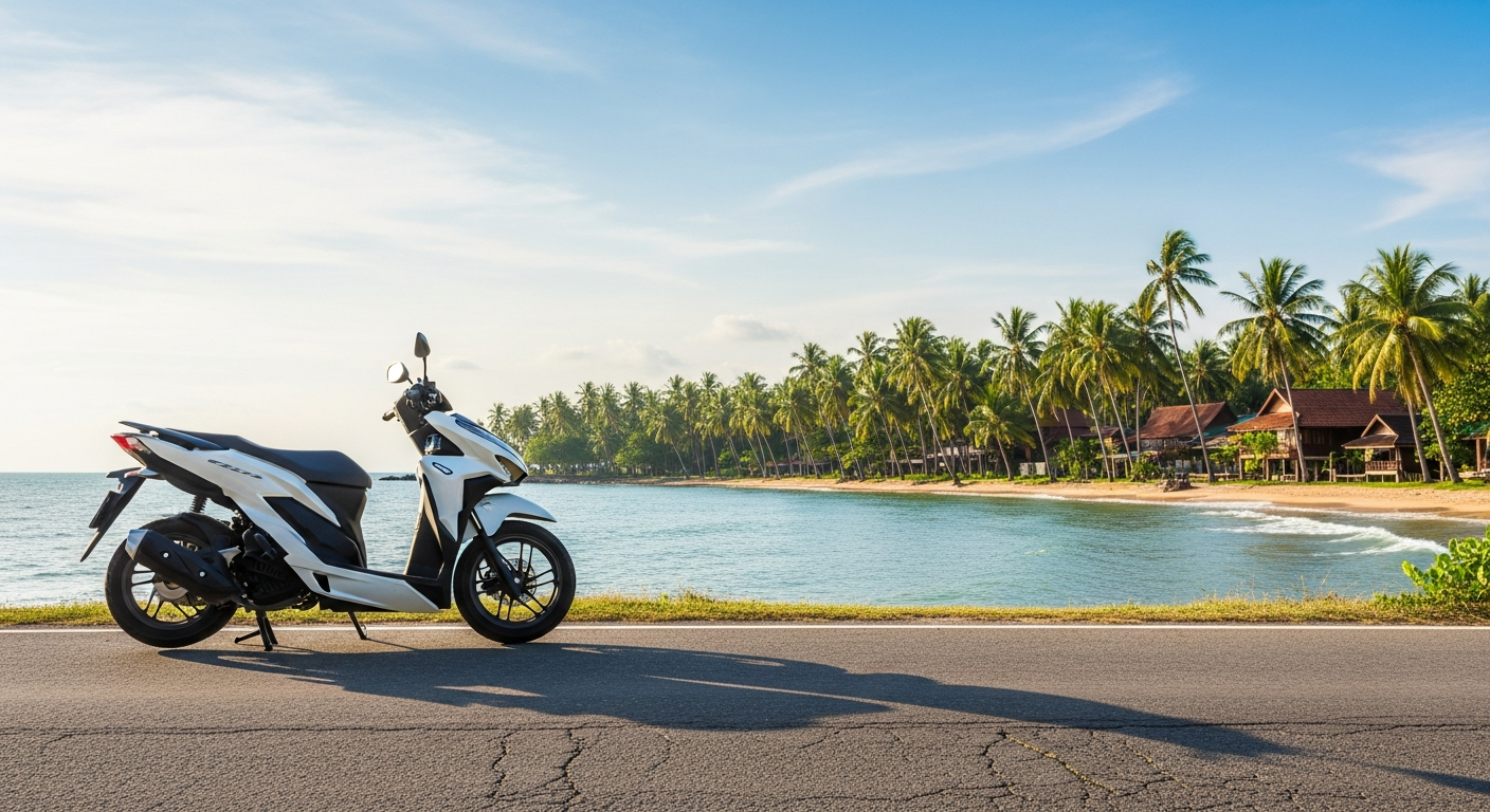 Motorbike parked near Kamala Beach with calm sea and coconut palms in background