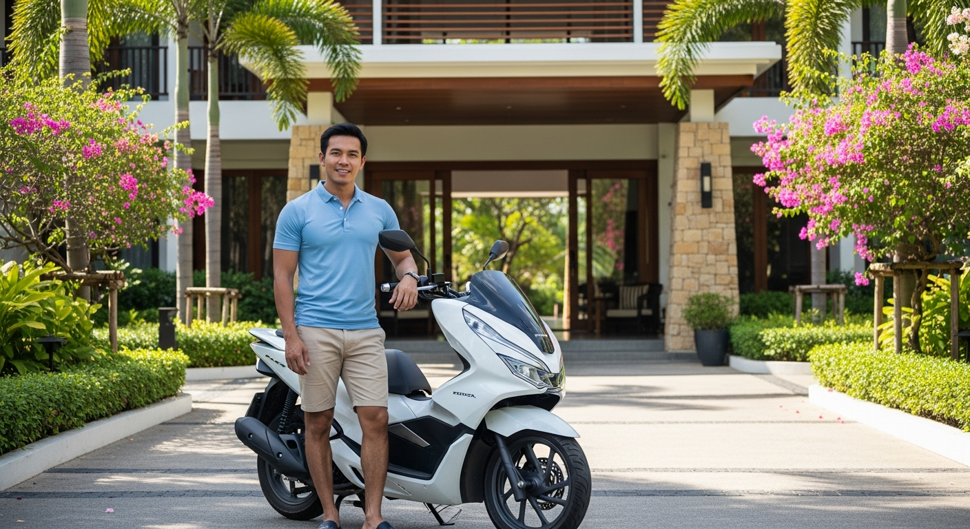 Motorbike Rental Karon Beach Phuket — Delivery, Rates & Best Bikes 2026 4 Chang Thai Rentals staff delivering a Honda PCX to a hotel in Karon Beach area