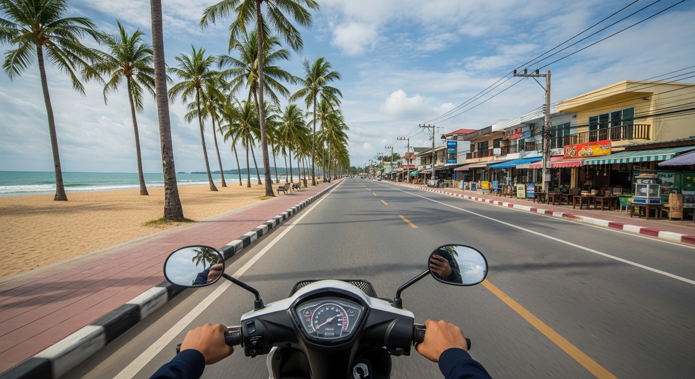 Motorbike Rental Karon Beach Phuket — Delivery, Rates & Best Bikes 2026 2 Scooter riding along the beachfront road at Karon Beach Phuket