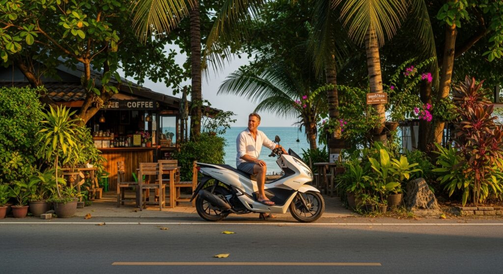 LongTerm Scooter Rental Phuket — Monthly & Expat Guide 2026 11 Expat riding a scooter along a quiet Phuket beach road during morning hours