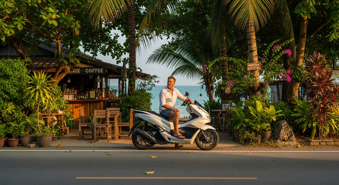 Expat riding a scooter along a quiet Phuket beach road during morning hours