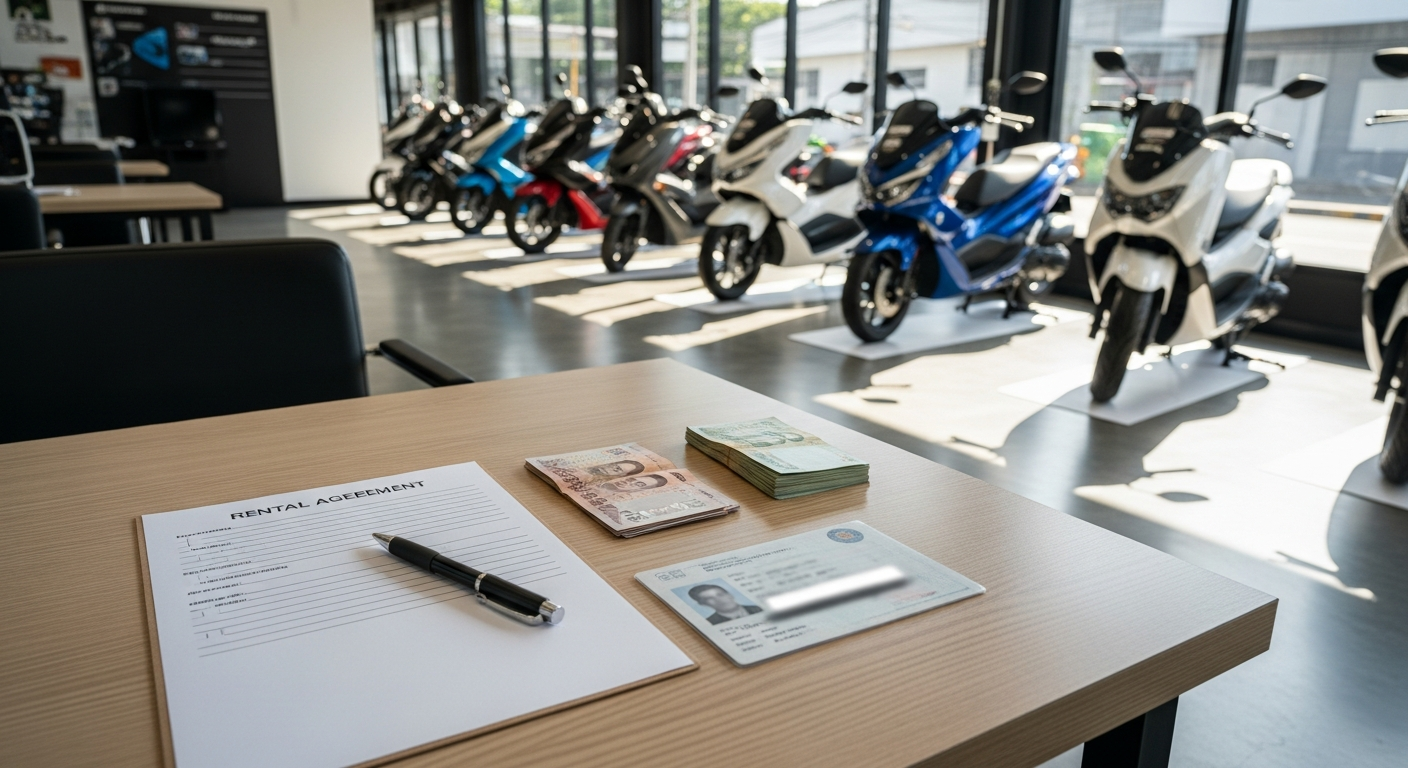 LongTerm Scooter Rental Phuket — Monthly & Expat Guide 2026 2 Rental agreement and passport copy on a desk at a Phuket motorbike rental shop