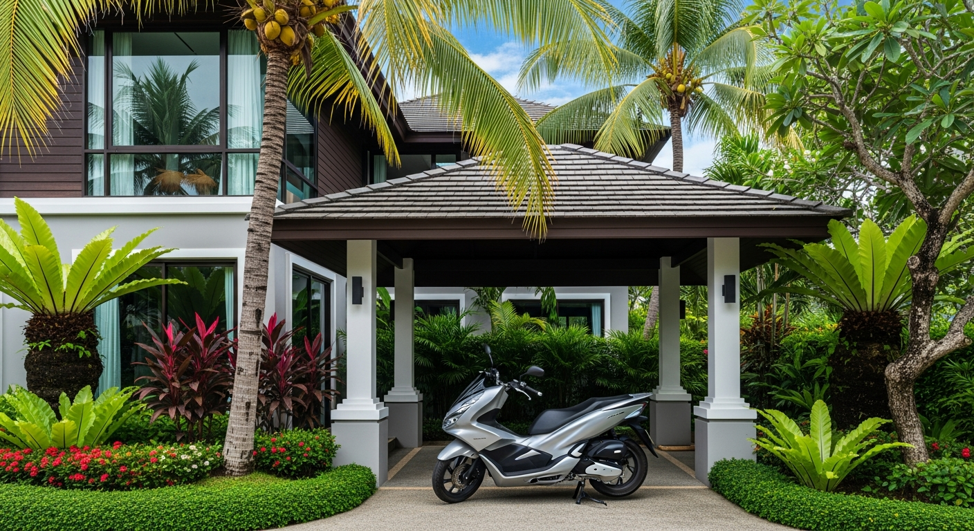 LongTerm Scooter Rental Phuket — Monthly & Expat Guide 2026 3 Scooter parked outside a Phuket villa or apartment building in a residential area