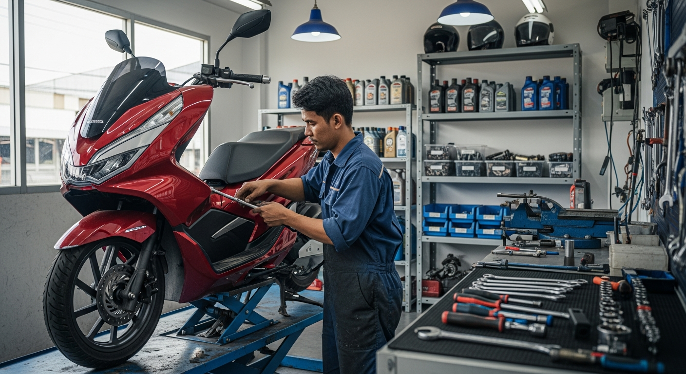 LongTerm Scooter Rental Phuket — Monthly & Expat Guide 2026 4 Motorbike mechanic performing routine maintenance on a scooter at a Phuket workshop