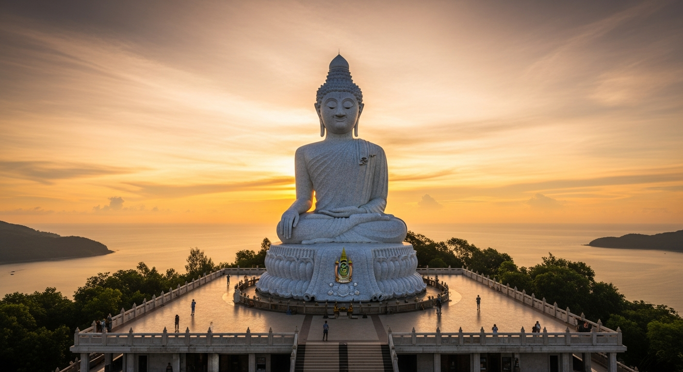 Big Buddha Phuket white marble statue at sunrise with panoramic Andaman Sea view
