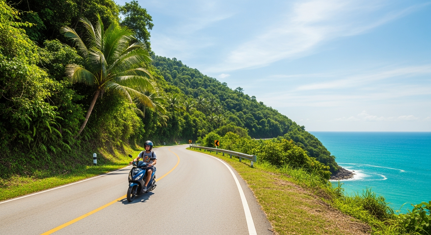 Phuket Scooter Route: Big Buddha, Promthep Cape & Rawai — HalfDay Guide 2026 4 Scooter rider on a winding road through southern Phuket with sea views on both sides