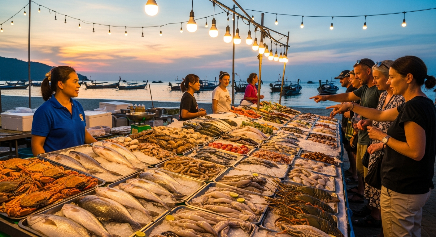 Phuket Scooter Route: Big Buddha, Promthep Cape & Rawai — HalfDay Guide 2026 3 Rawai seafood market at dusk with fresh catches displayed and longtail boats on the beach