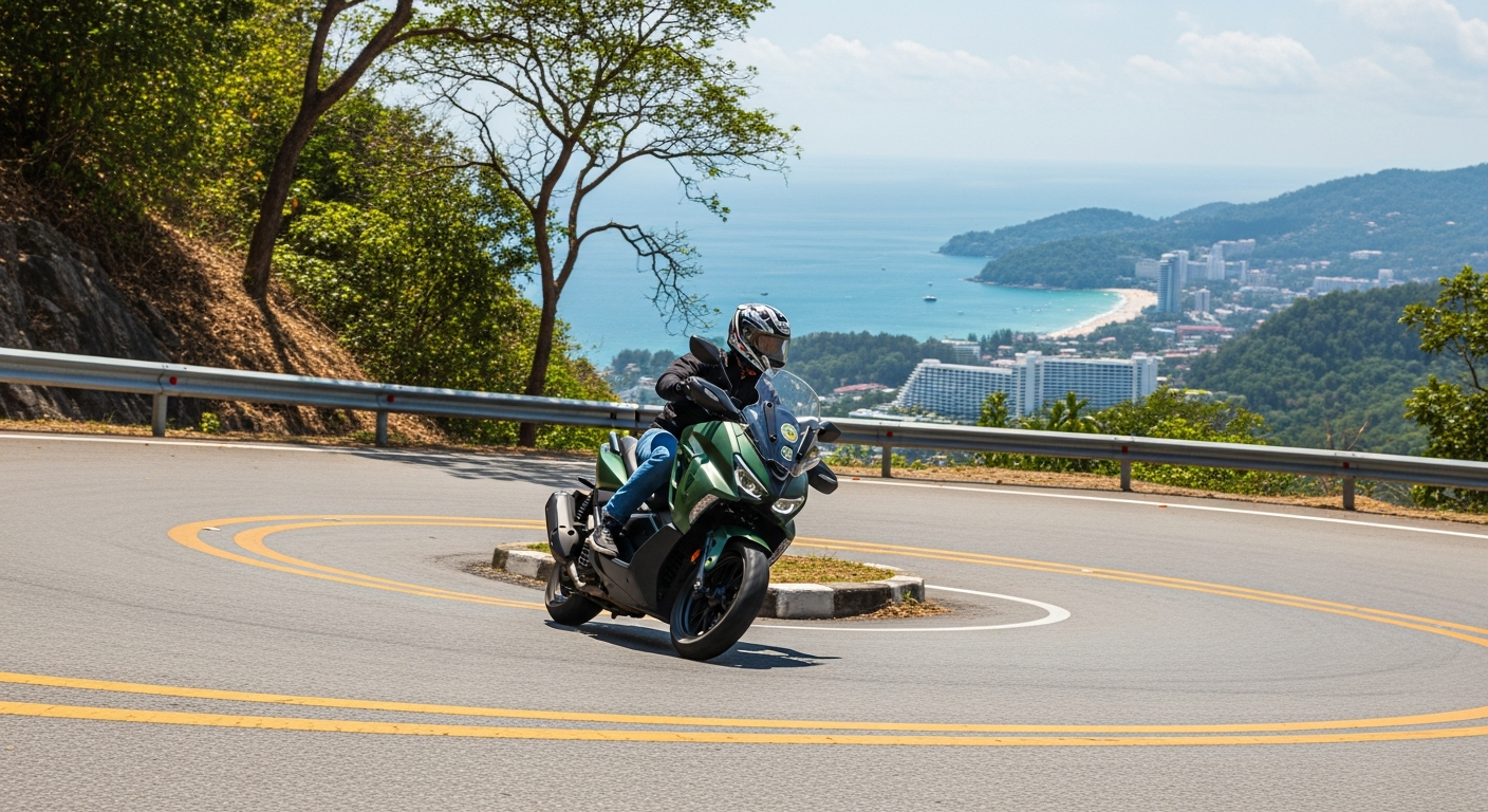 Honda ADV 160 Phuket Hill Test 2026 Patong, Kata Noi & Nakkerd Mountain 2 Honda ADV 160 leaning into a switchback on the hill road above Patong Beach in Phuket