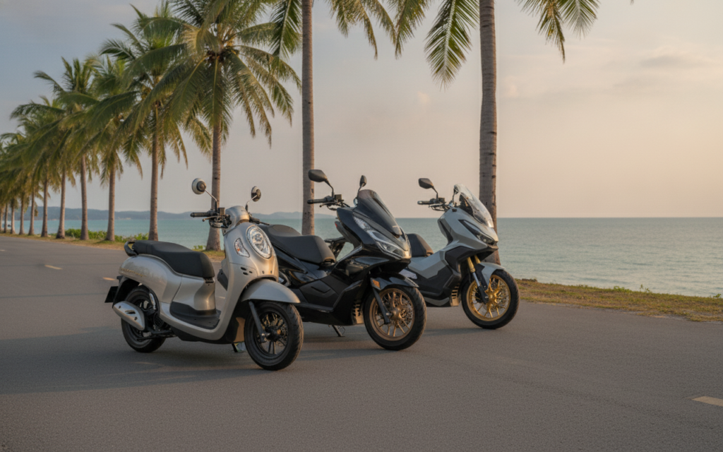 Full Fleet Spec Sheet: Every Scooter Chang Thai Rents in Phuket (2026) 7 Chang Thai scooter fleet lineup in Phuket including Scoopy 125, PCX 160, and ADV 350