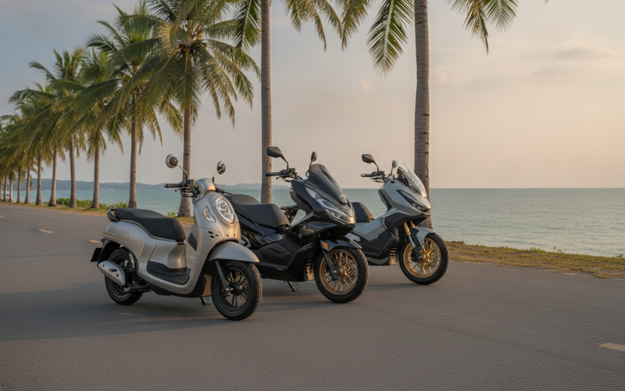 Full Fleet Spec Sheet: Every Scooter Chang Thai Rents in Phuket (2026) 1 Chang Thai scooter fleet lineup in Phuket including Scoopy 125, PCX 160, and ADV 350