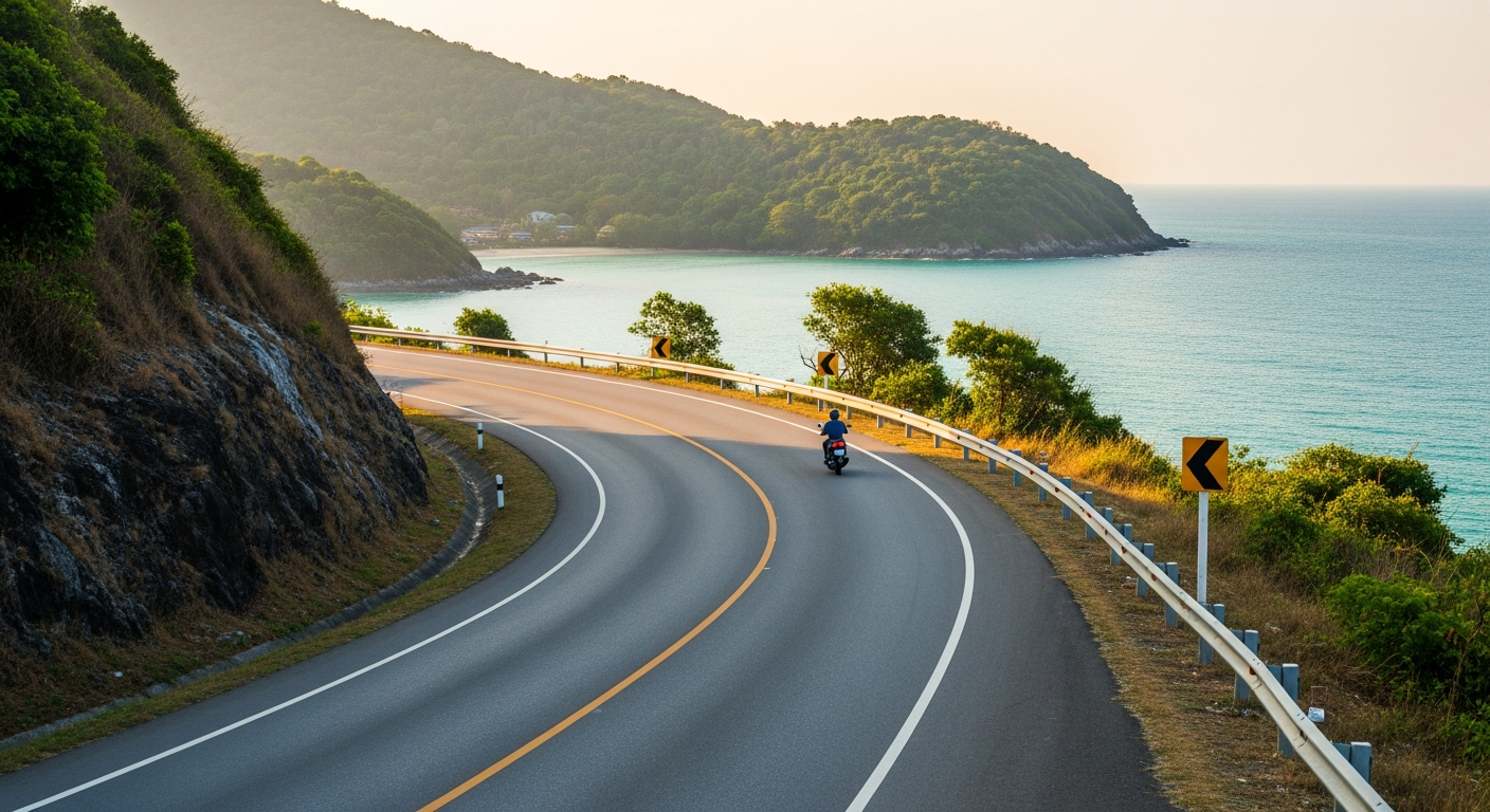 Yamaha NMAX 155 Phuket Rental: Full Review and Price 2026 3 Scenic coastal road in Phuket with a distant scooter rider