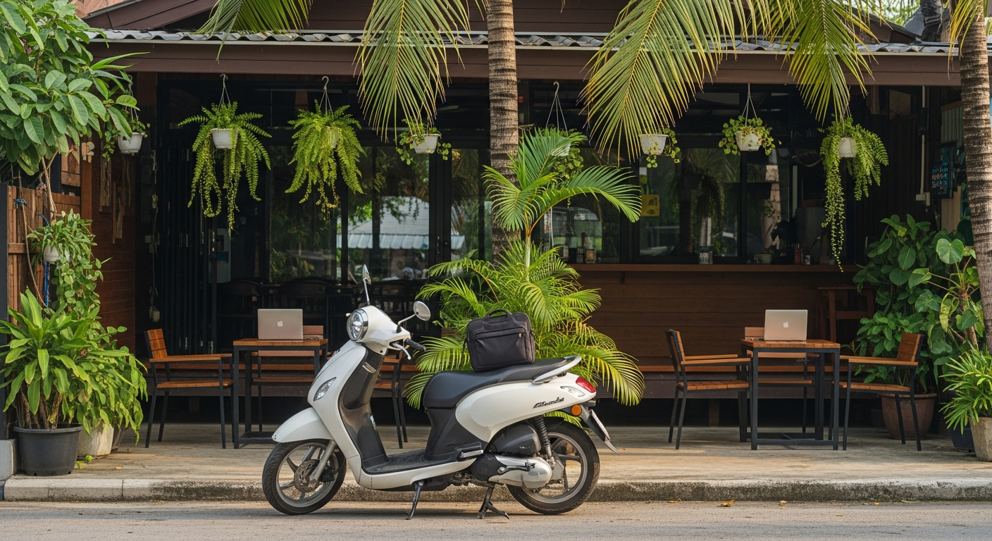 Scooter parked outside a laptopfriendly cafe in Chalong Phuket
