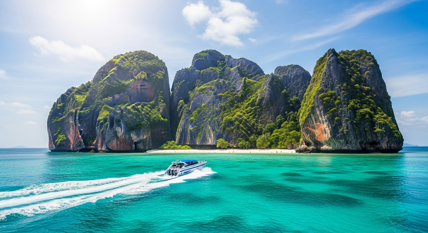 Ride Your Scooter to the Pier: The Cheapest Way to Reach Phi Phi, Racha and Coral Island 3 Speedboat approaching a tropical island resembling Phi Phi Islands Thailand