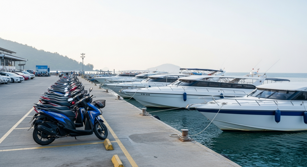 Scooters parked near a pier in Chalong Phuket with boats in the background