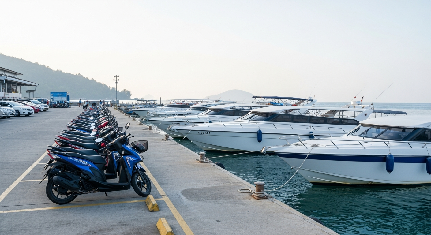 Ride Your Scooter to the Pier: The Cheapest Way to Reach Phi Phi, Racha and Coral Island 1 Scooters parked near a pier in Chalong Phuket with boats in the background