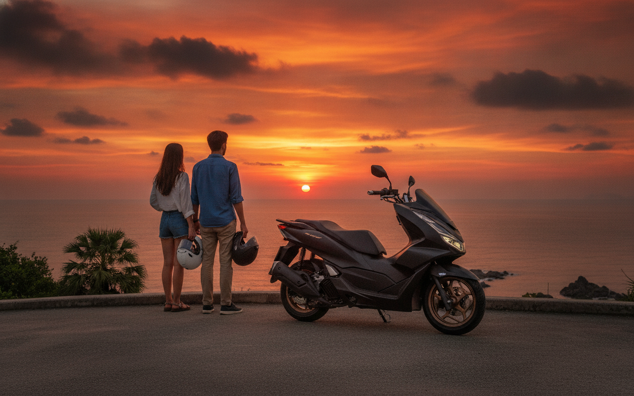 TwoUp Touring on the Honda PCX 160: Real Routes for Couples in Phuket 3 Couple with a Honda PCX 160 at Promthep Cape Phuket at sunset