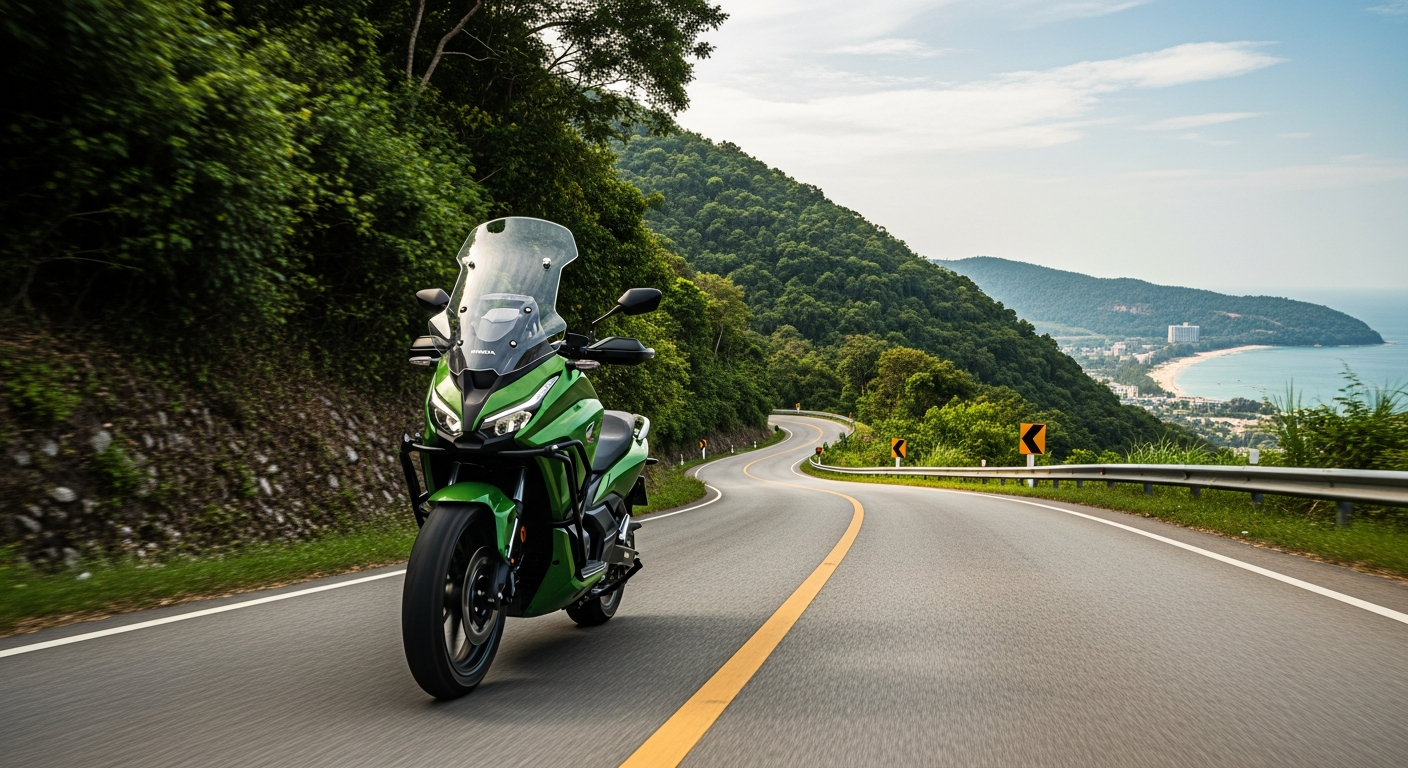 Honda PCX 160 vs Yamaha NMAX 155 vs Honda ADV 160 — Which Scooter Should You Rent in Phuket? (2026 Guide) 2 Honda ADV 160 adventure scooter riding a winding hillside road overlooking the sea in Phuket