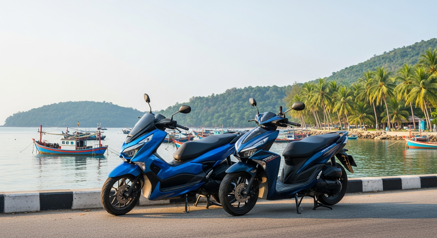 Honda PCX 160 vs Yamaha NMAX 155 vs Honda ADV 160 — Which Scooter Should You Rent in Phuket? (2026 Guide) 3 Two automatic scooters parked side by side at a fishing bay with longtail boats and palm trees in Phuket