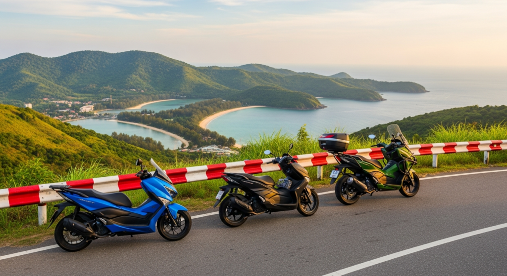 Honda PCX 160 vs Yamaha NMAX 155 vs Honda ADV 160 — Which Scooter Should You Rent in Phuket? (2026 Guide) 9 Three scooters Honda PCX 160, Yamaha NMAX 155 and Honda ADV 160 parked at a scenic hillside viewpoint overlooking a bay in Phuket Thailand