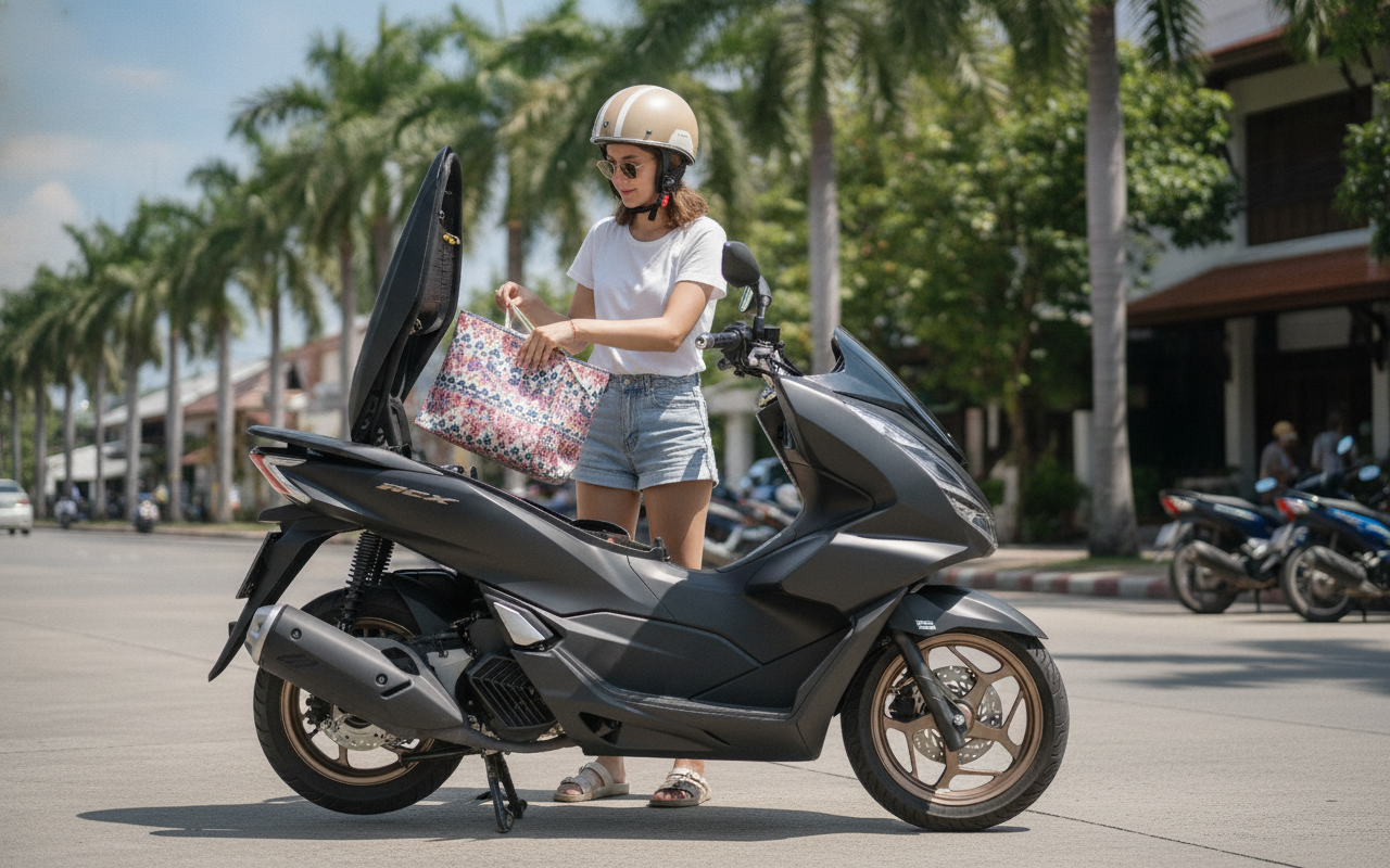 Premium Scooter Rental Phuket: Is It Worth the Extra Baht? (2026) 3 Woman loading a beach bag into the underseat storage of a Honda PCX 160 in Phuket