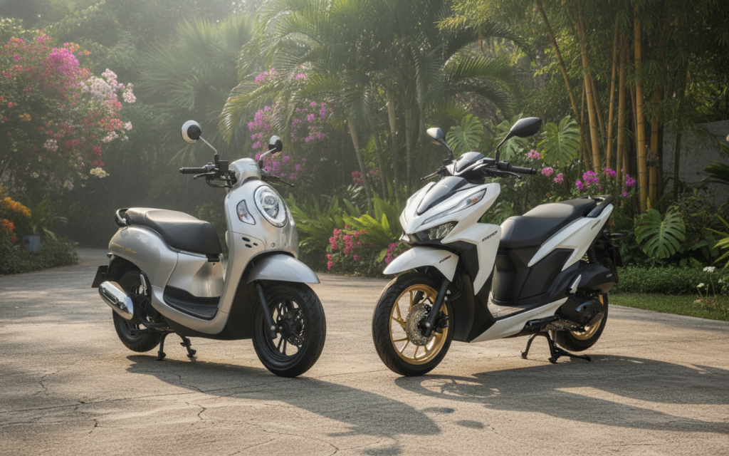 Premium Scooter Rental Phuket: Is It Worth the Extra Baht? (2026) 5 Honda Scoopy 125 budget scooter next to a Honda Click 160 premium scooter in Phuket