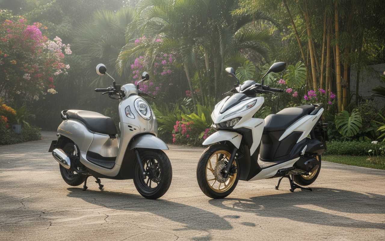 Honda Scoopy 125 budget scooter next to a Honda Click 160 premium scooter in Phuket