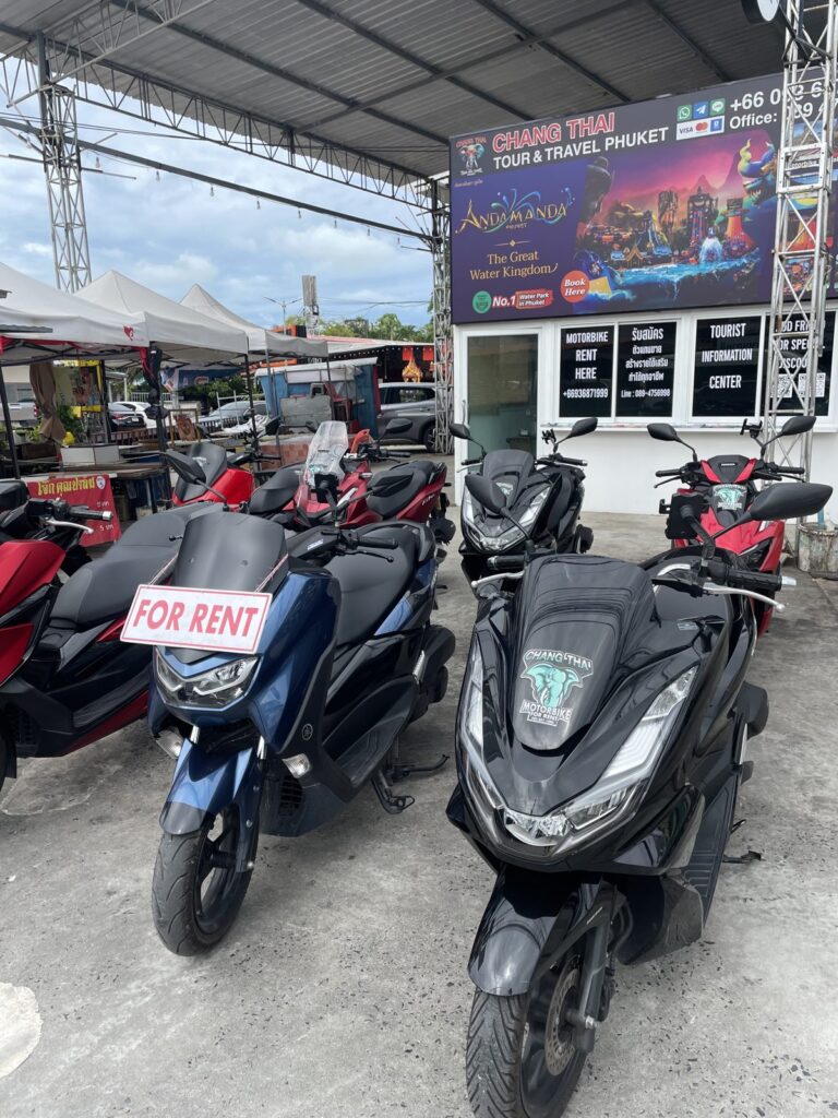 Motorbike Rental in Chalong 2 Chang Thai Chalong branch on Chaofa East Road with rental scooters lined up out front