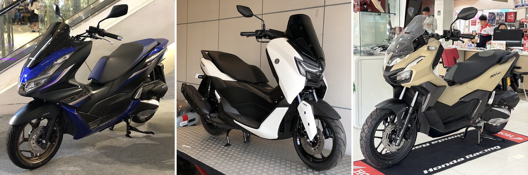 Honda PCX 160, Yamaha NMAX 155 and Honda ADV 160 shown side by side