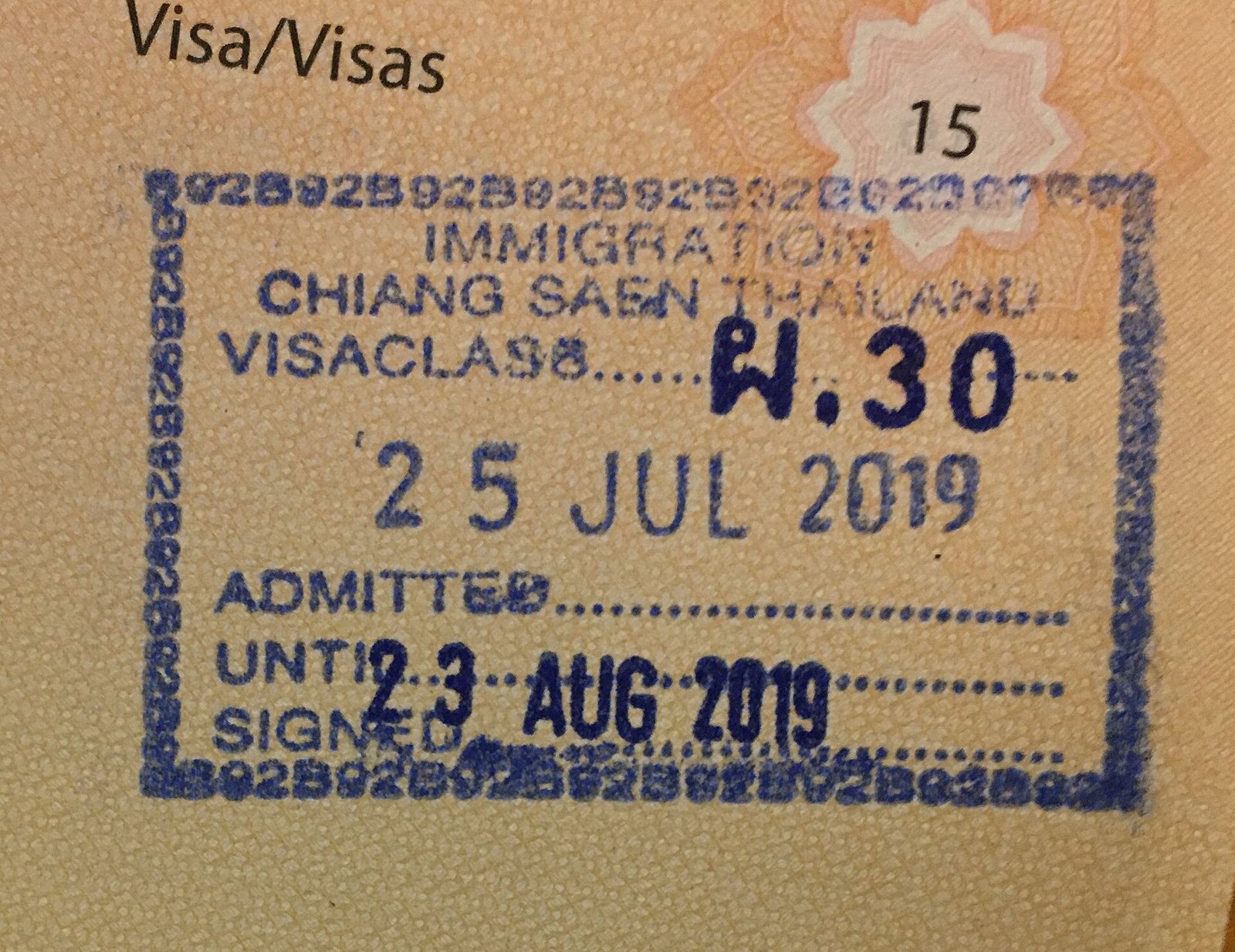 Thailand immigration entry stamp in a passport showing the admitted until date