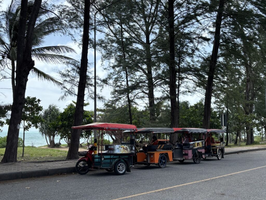 Motorbike Rental at Mai Khao 5 Tuk-tuks parked under pine trees beside the beach road at Mai Khao